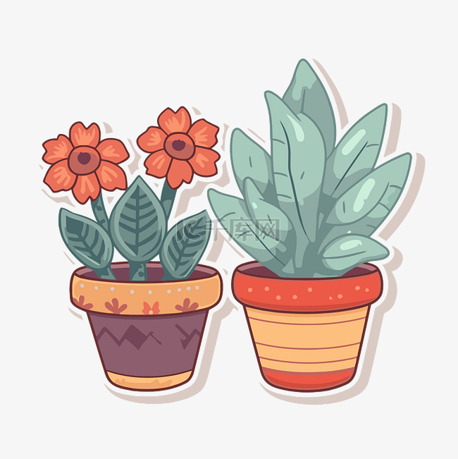 两盆植物有两种不同的花剪贴画 