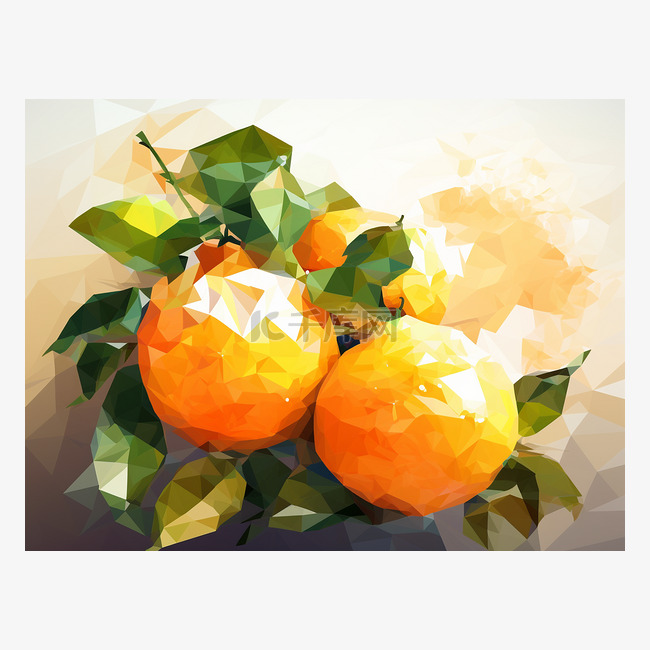三种柑橘类水果，叶子以低聚渲染