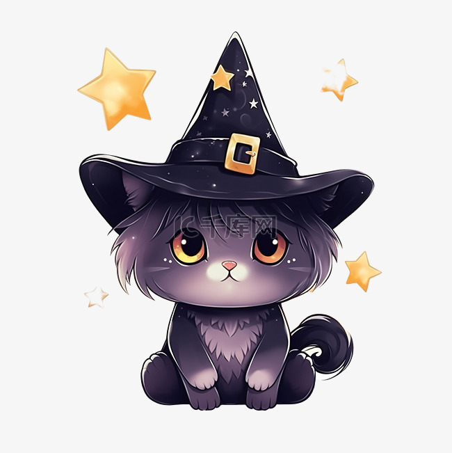 画星夜戴女巫帽的可爱猫咪