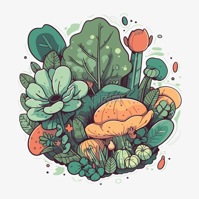 蘑菇和植物的彩色图画 向量