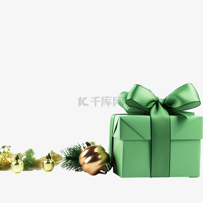 圣诞礼品盒，桌上有绿丝带蝴蝶结