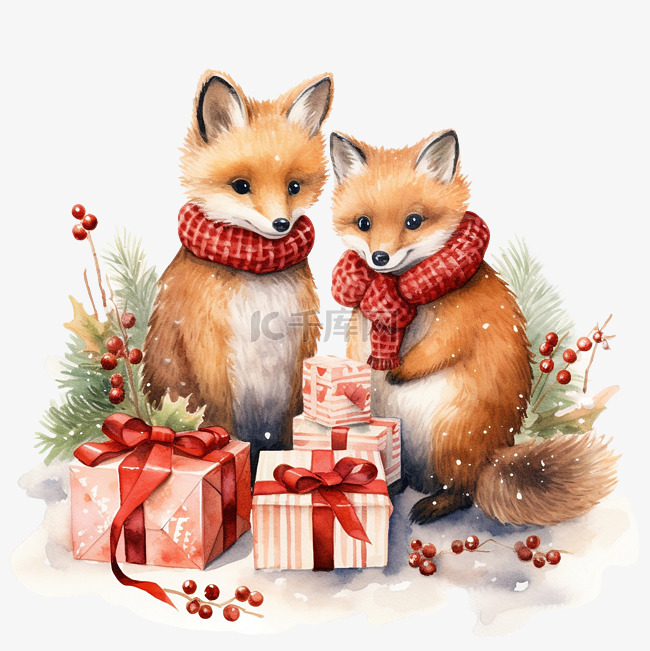圣诞快乐庆祝松鼠和狐狸与红色毛