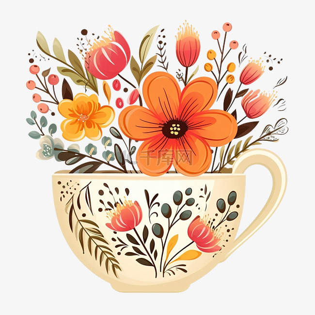 杯子与鲜花和花卉元素