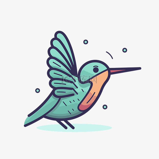 彩色卡通蜂鸟嘴里含着水飞行，蓝