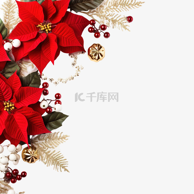 圣诞边框与一品红和冬季装饰