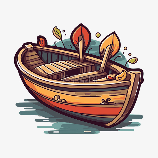 一艘木船与彩色树叶剪贴画的插图