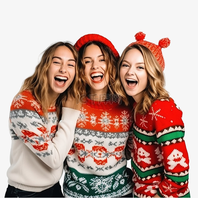三个穿着圣诞毛衣的有趣女孩自拍