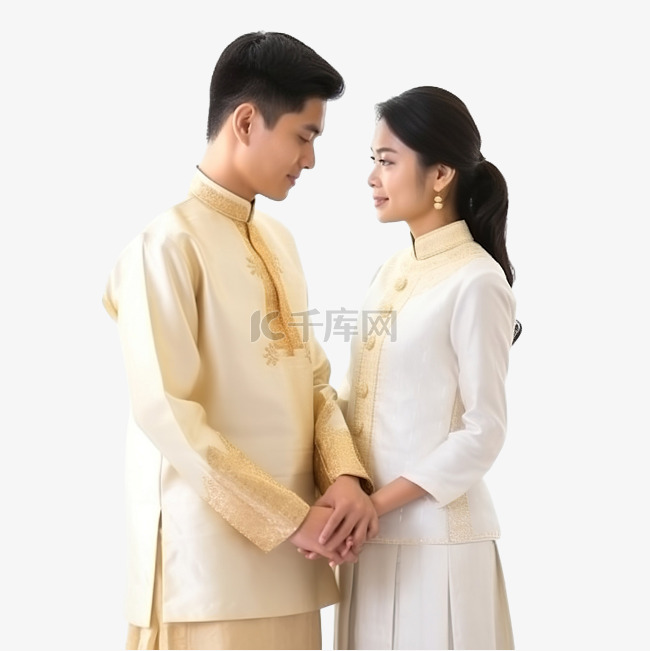 泰国新婚夫妇穿着传统服饰迎接萨