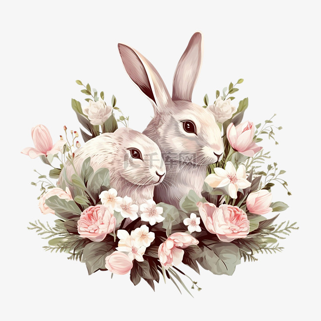 复活节兔子与百合花花花兔子
