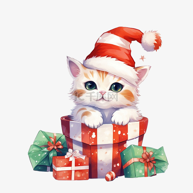 戴着圣诞老人帽子的滑稽卡通猫坐