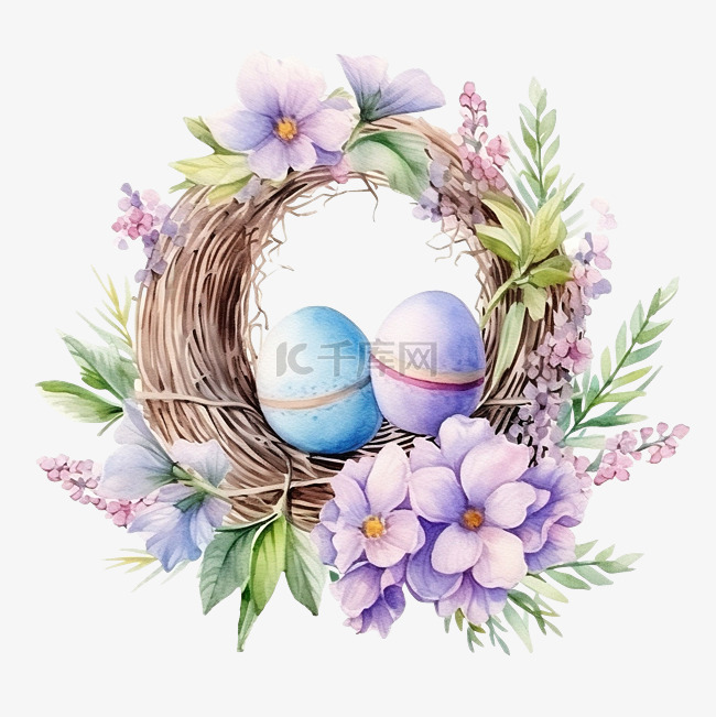 复活节花环水彩用鸡蛋和花