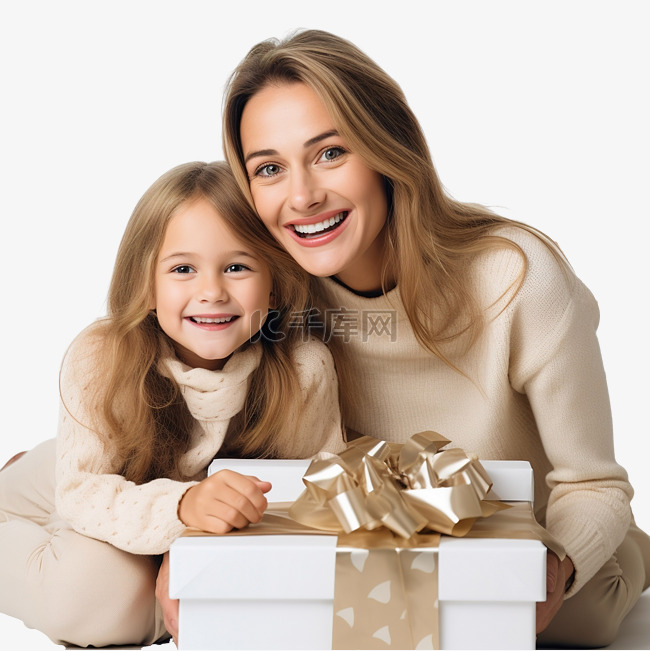 快乐的母女看着圣诞礼品盒里面