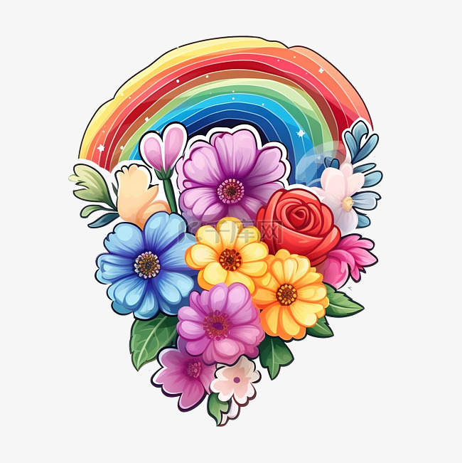 贴纸可爱彩虹与鲜花