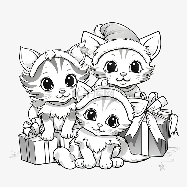圣诞节时着色书页上的卡通小猫组