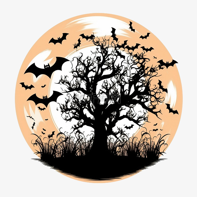 万圣节树和蝙蝠在月亮设计前