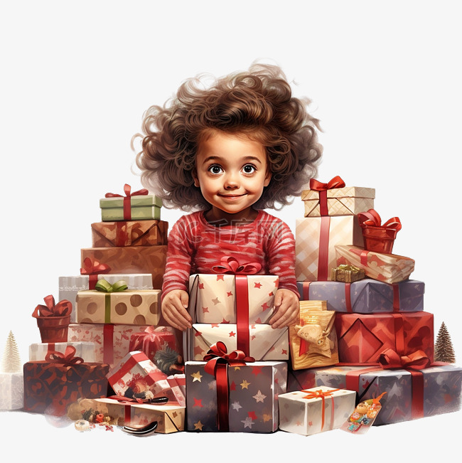 被圣诞礼物和元素包围的小女孩