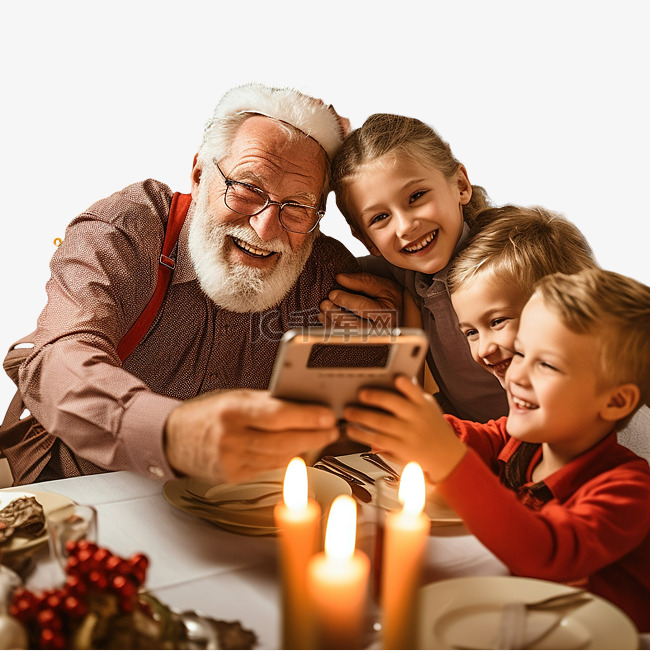 快乐的祖父和孙子们坐在圣诞餐桌