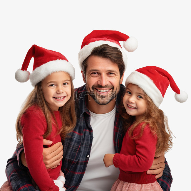 小女孩和年轻爸爸戴着圣诞帽享受