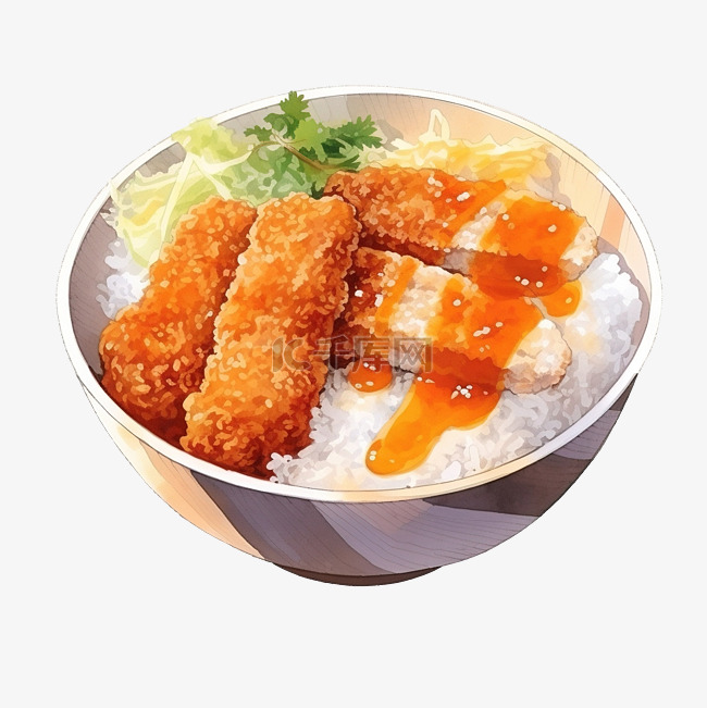 水彩日本料理炸猪排咖喱饭碗