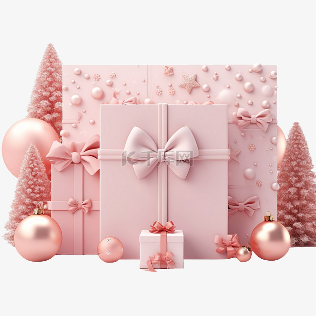 圣诞快乐，粉红色表面有节日装饰