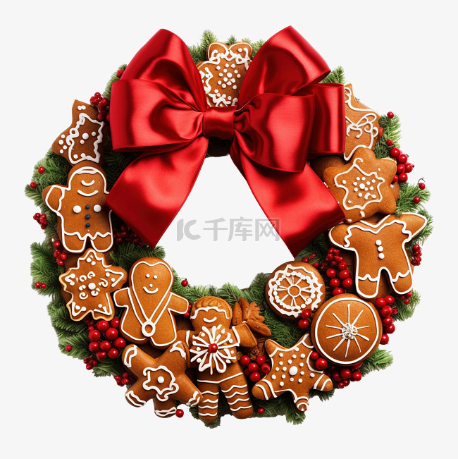 感恩节花环，配姜饼和红色蝴蝶结
