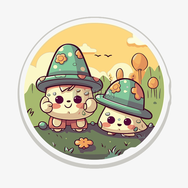 两个小蘑菇人坐着的圆形贴纸剪贴