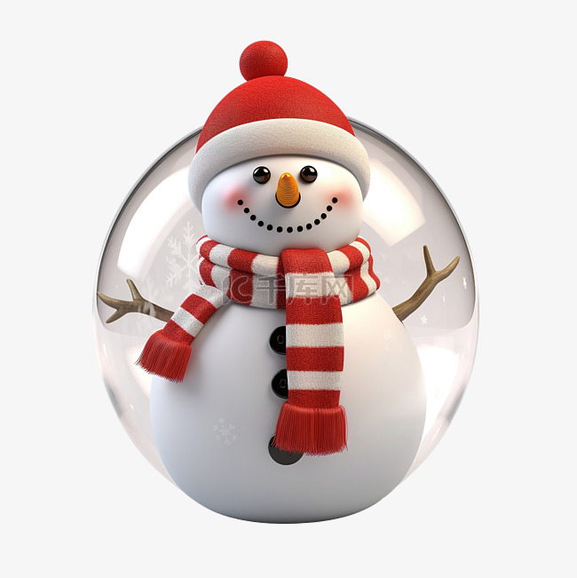 雪球中的圣诞雪人 3d 插图