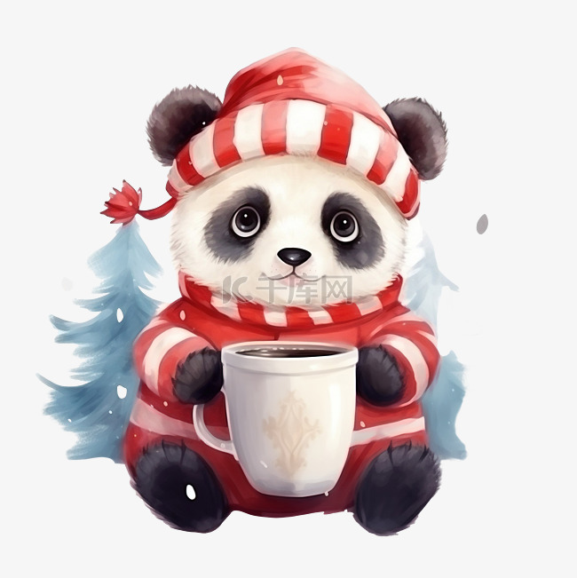 可爱的熊猫在圣诞老人服装在杯水