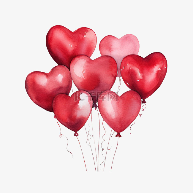 水彩红色心形气球组