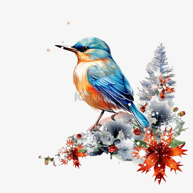 艺术多彩的圣诞节插画与美丽的鸟