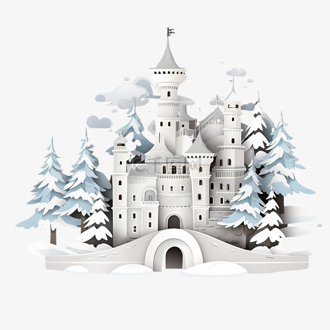 冬天山上美丽的城堡插画
