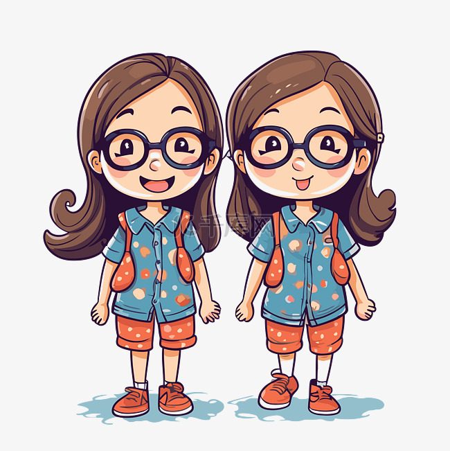 双胞胎剪贴画两个卡通女孩都戴着