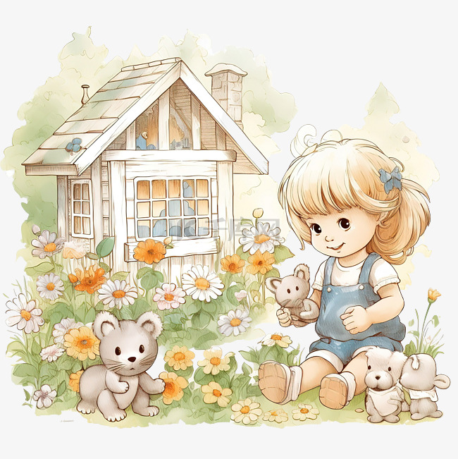 可爱的小女孩在玩小娃娃熊兔子和