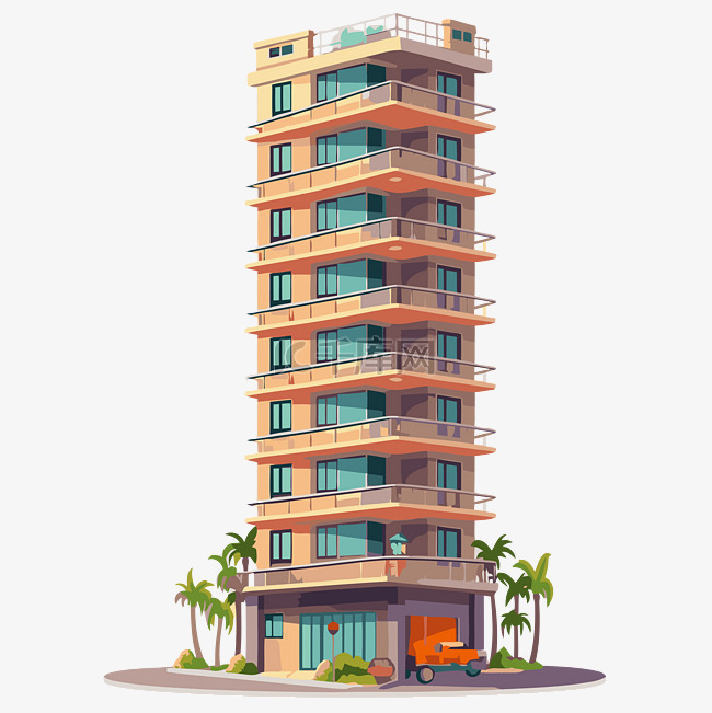 公寓剪贴画卡通建筑与棕榈树和阳