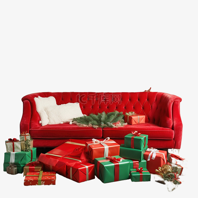 装饰圣诞树下的礼盒和红色沙发上