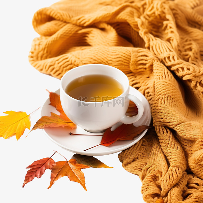 秋天感恩节的概念一杯茶落下的秋