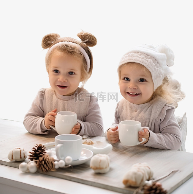 两个女婴在圣诞厨房吃早餐