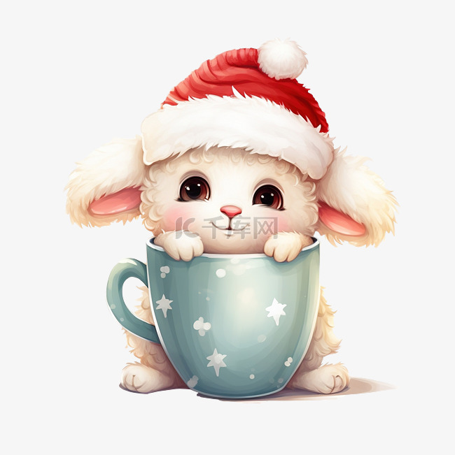 可爱的羊戴着圣诞老人的帽子在杯