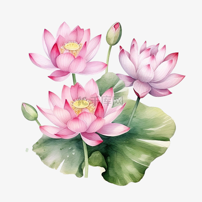 粉红色莲花植物风格的水彩画剪贴