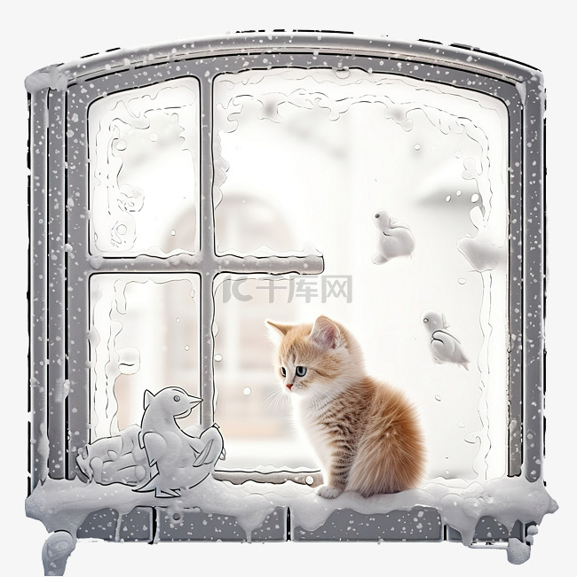 好奇的小猫透过窗户看着一只有趣