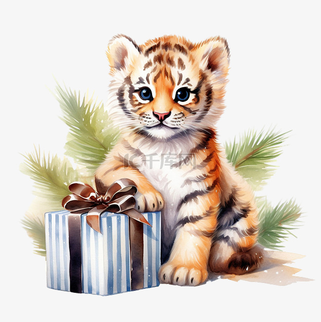 一只可爱的小虎崽坐在圣诞树附近