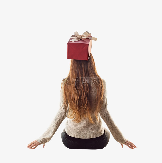 长发女孩戴着圣诞帽拿着礼盒看城