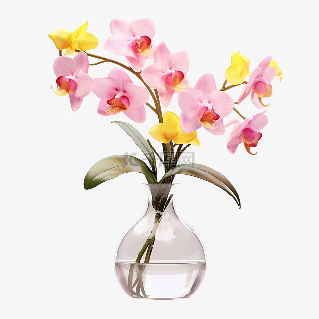 花瓶中的粉红色黄色兰花透明背景