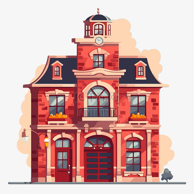 消防站剪贴画复古法国老建筑卡通