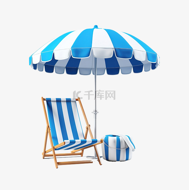 3d 渲染夏季蓝色白色沙滩伞沙