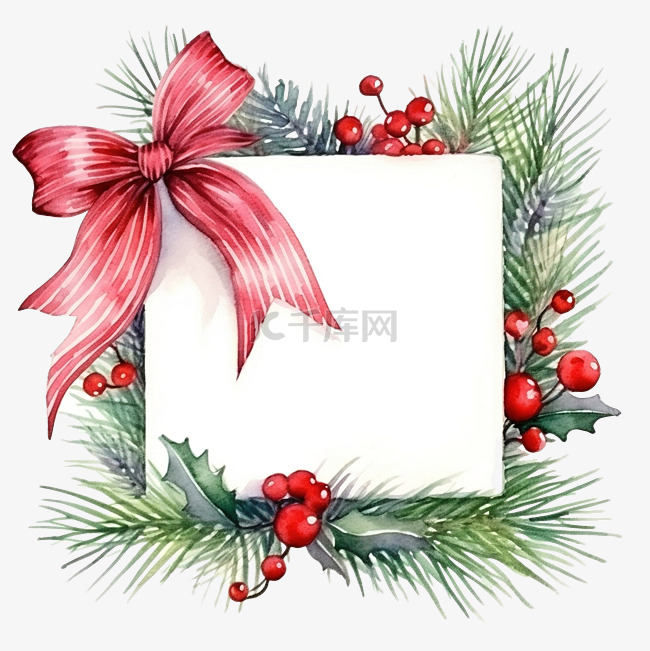 圣诞水彩方框，冷杉和松树枝条包