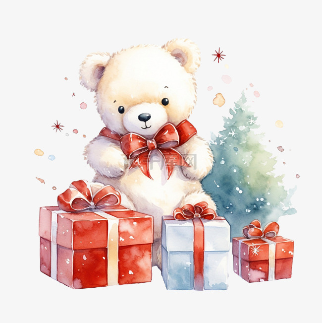 水彩白熊圣诞贺卡和礼品盒