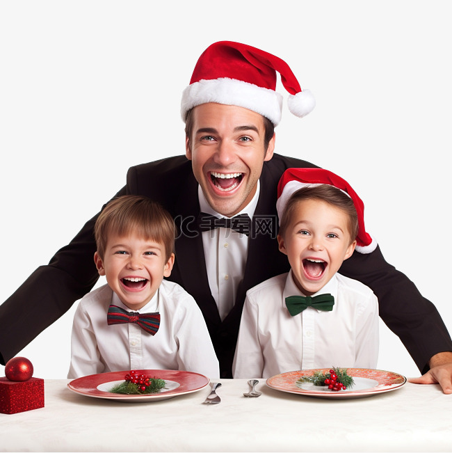 爸爸和儿子在圣诞晚餐的餐桌上玩