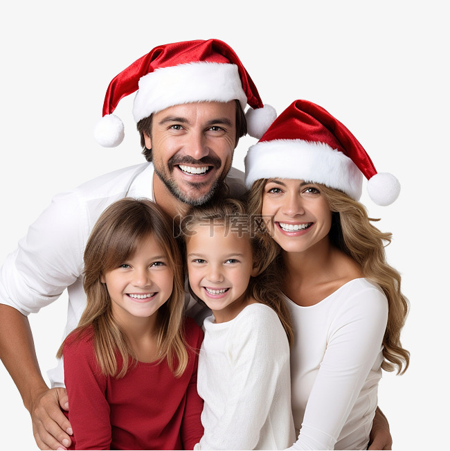 戴着圣诞老人帽子的幸福家庭的肖