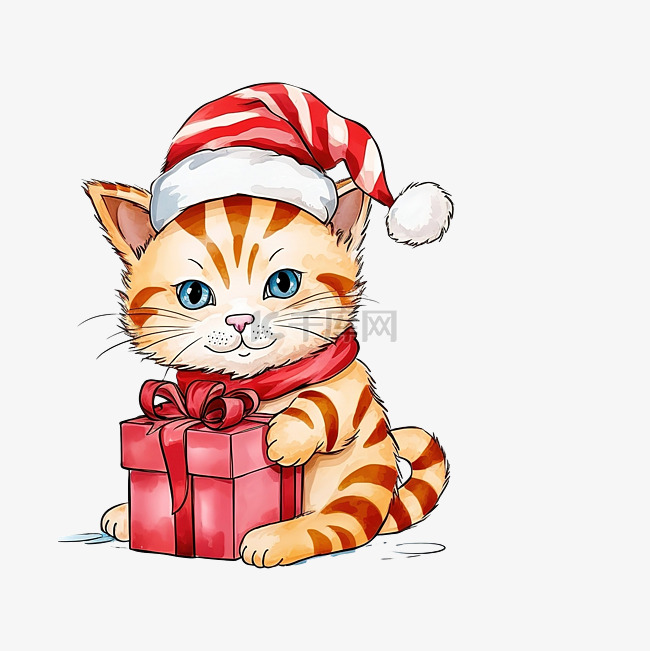 可爱的猫在圣诞礼物上方玩耍，戴